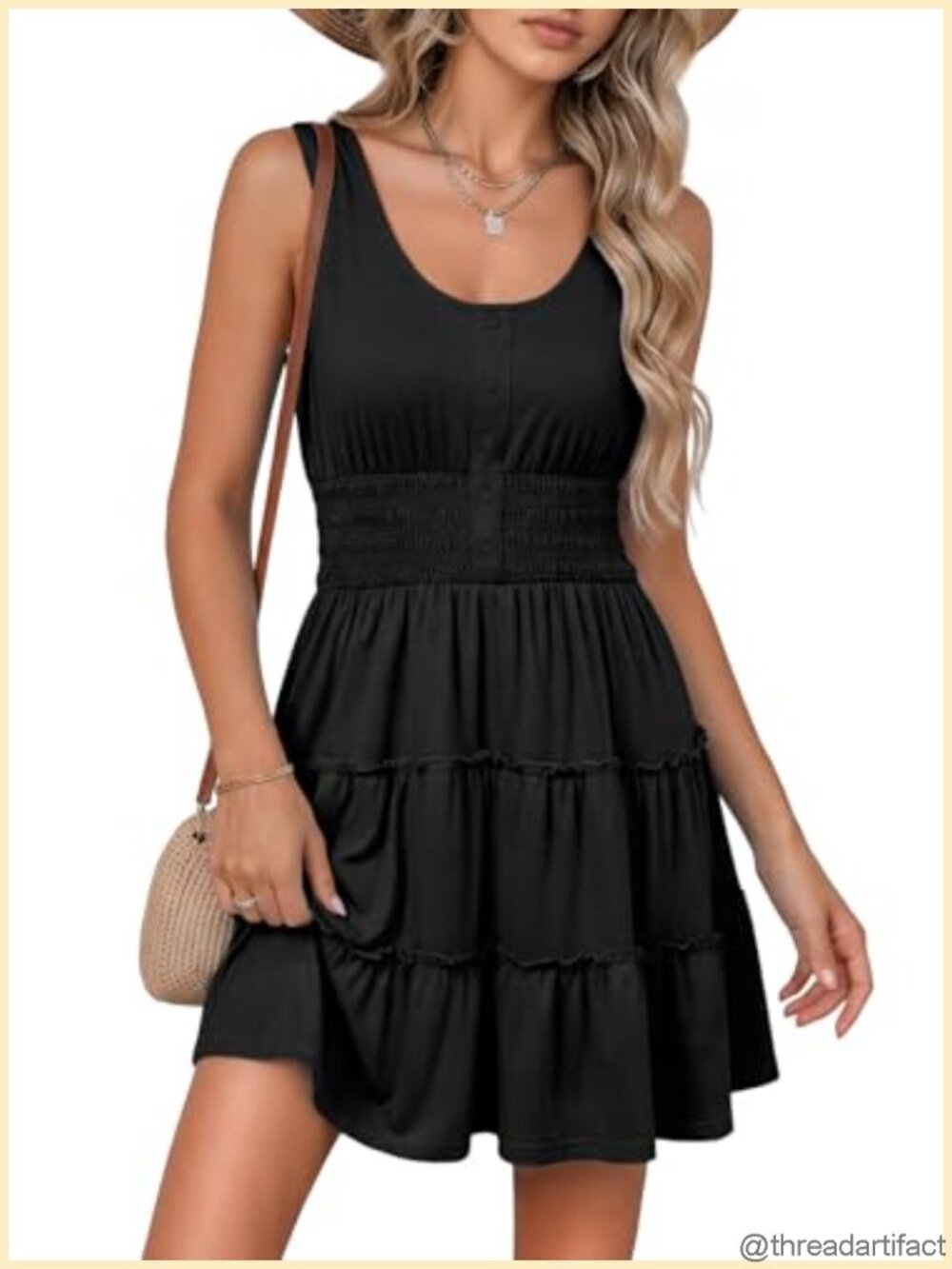 Sleeveless Button Down Smocked Empire Waist Ruffle Tiered Casual Swing Mini